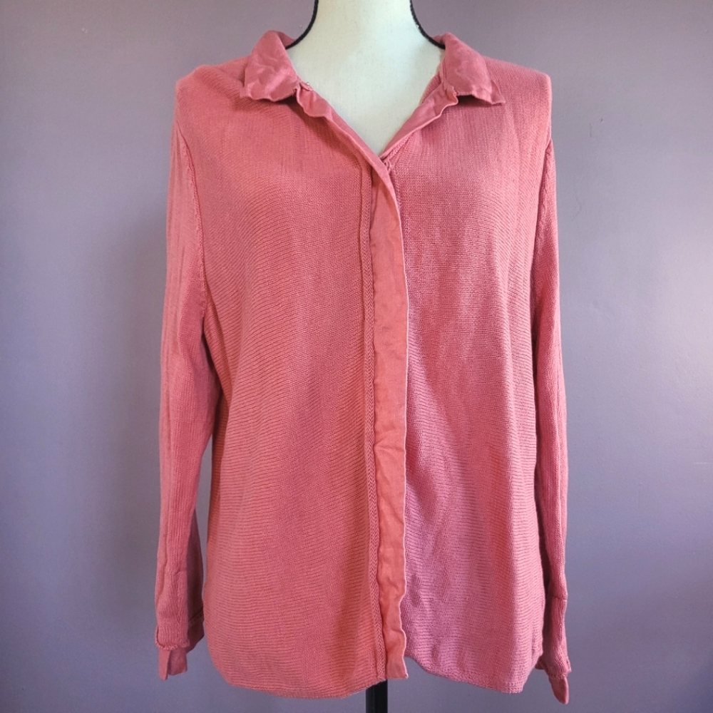Talbots Vintage Coral Pink Linen Cotton Knit Beachy Coastal Grandma Cardigan